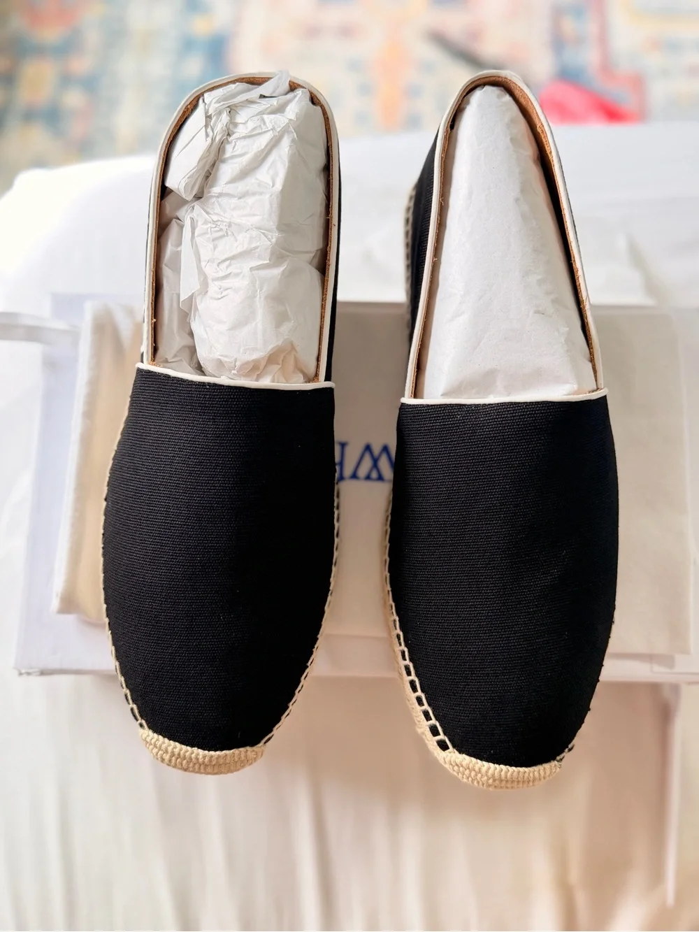 Off-White Black Canvas Slip-On Espadrilles with Natural Trim